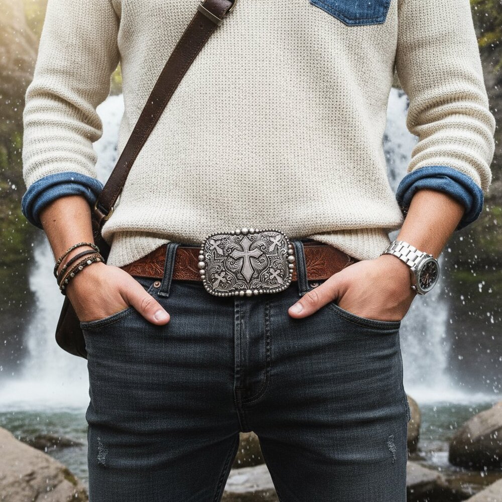 NEW Men Women Western Belt Buckle Dark Silver Metal Cross Religious Weekend Look